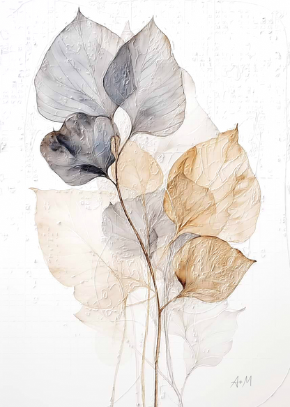 Watercolor botanical artwork of dried leaves on stems, rendered in soft gray, beige, cream, and brown tones against a white background.