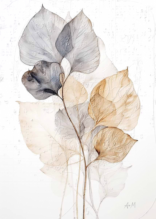 Watercolor botanical artwork of dried leaves on stems, rendered in soft gray, beige, cream, and brown tones against a white background.