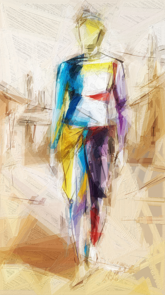 Abstract fashion painting of a female model appearing to be "Curious", wearing a color-blocked outfit with blue, yellow, white, red, and purple sections, rendered in a painterly, sketch-like style on a warm beige background.