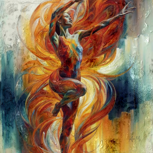 An expressive, textured painting of a dancing female figure surrounded by swirling fiery red, orange, yellow, and blue brushstrokes against a mottled abstract background.