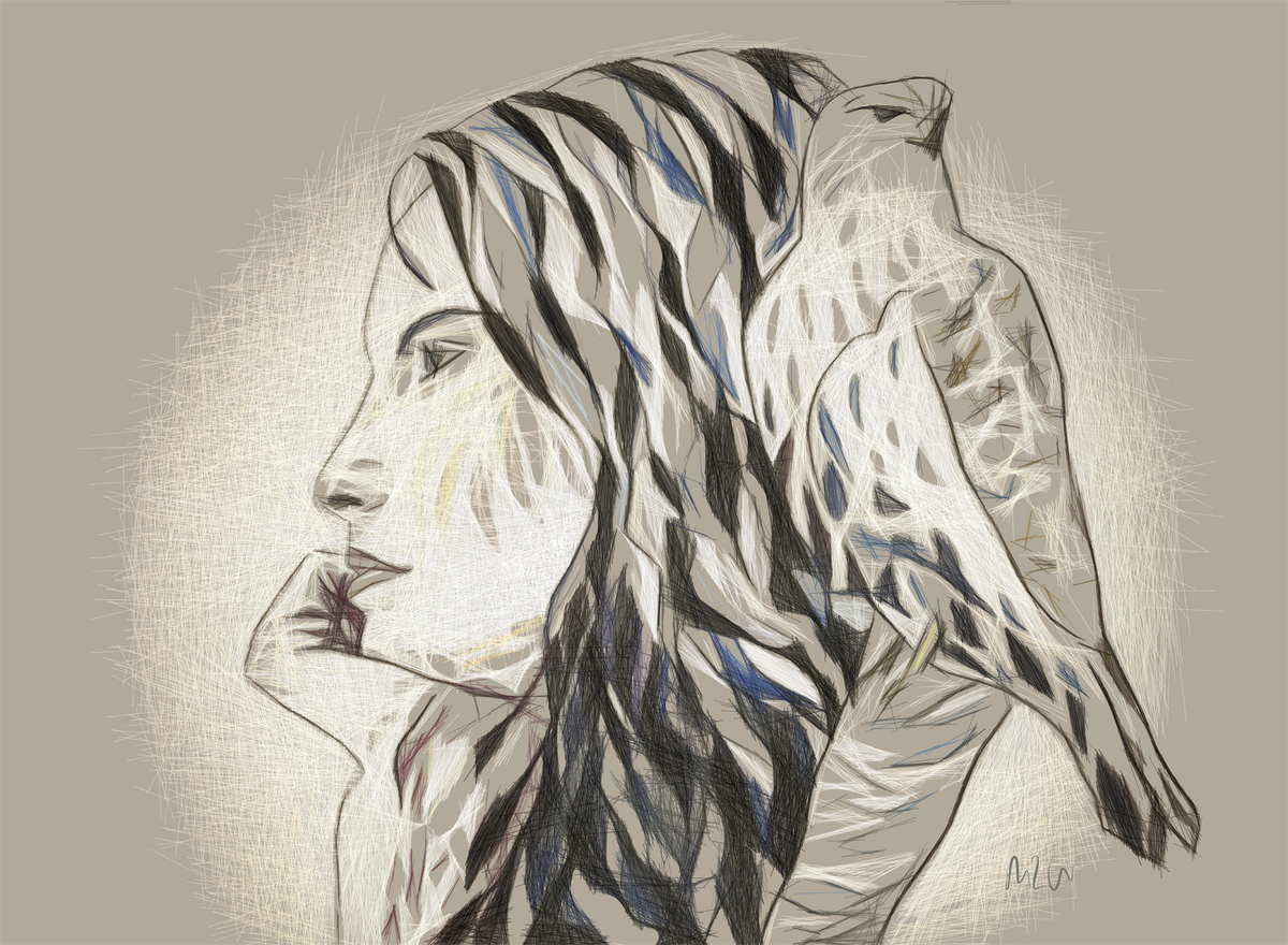 A stylized portrait artwork of a woman in profile with a bird on her shoulder, rendered in black, gray, beige, and muted blue brushstrokes on a warm taupe background.