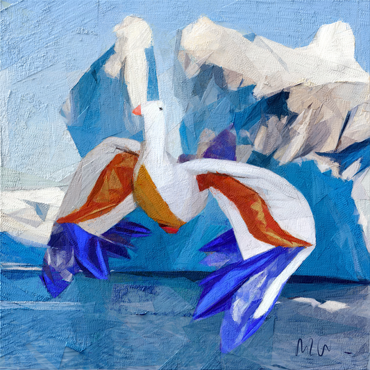 An acrylic painting of a white gull with vibrant blue, orange, and purple wings flying over icy blue mountains and water. 