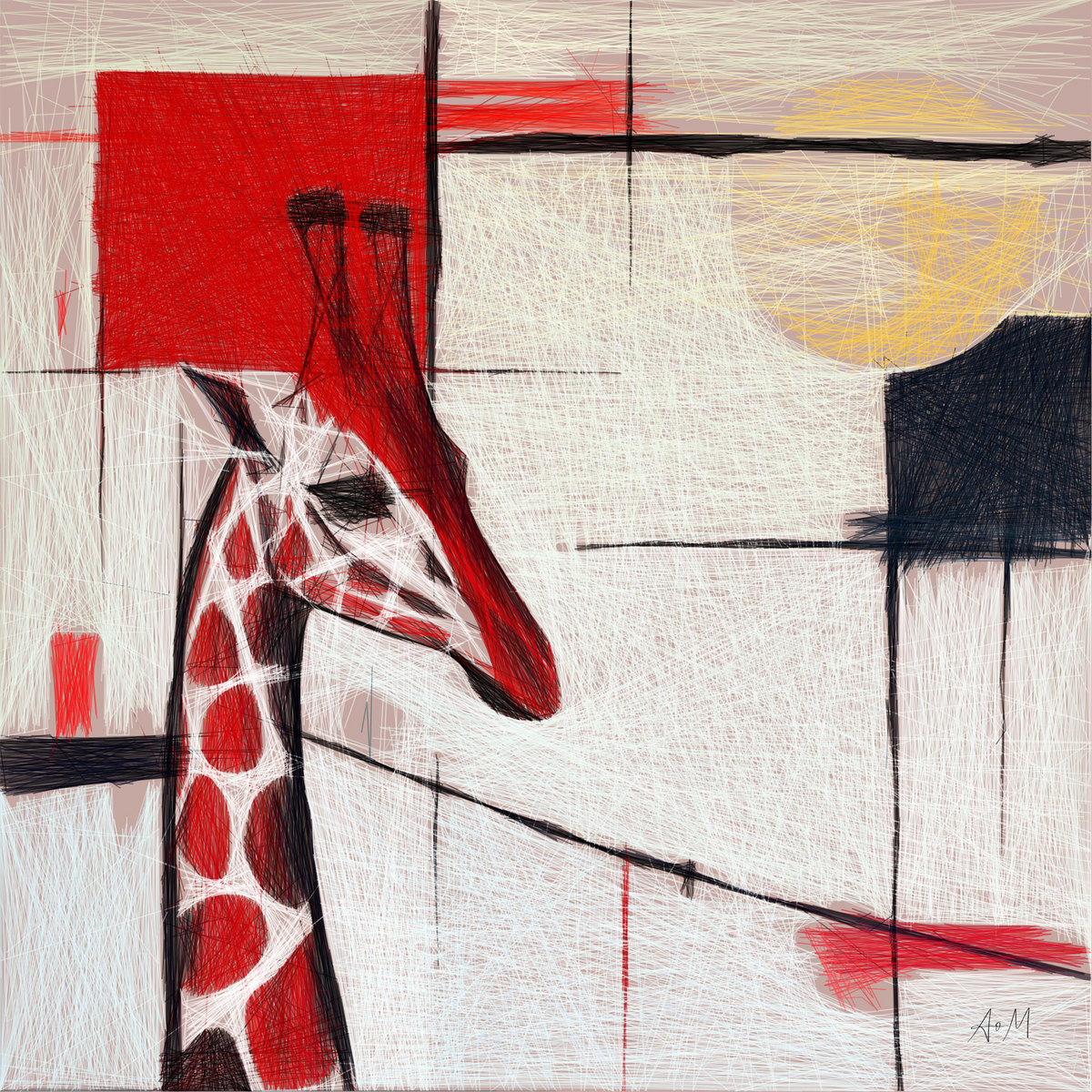 Abstract painting of a giraffe in profile, rendered with red, black, white, and yellow brushstrokes on a textured off-white background.