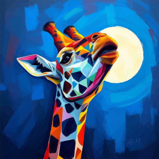 A colorful abstract painting of a giraffe reaching toward a large white moon against a deep blue background. The giraffe is rendered in geometric facets with orange, yellow, pink, blue, and black tones.