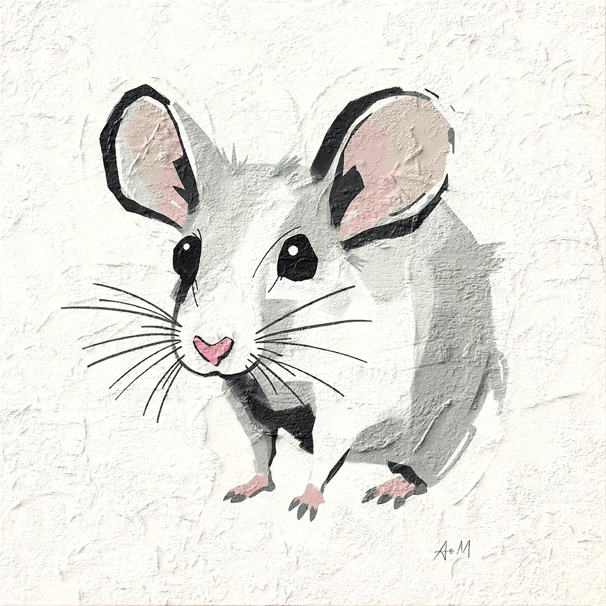 A textured canvas painting of a cute white and gray mouse with pink inner ears and nose, black outlines, and large whiskers on a white background.