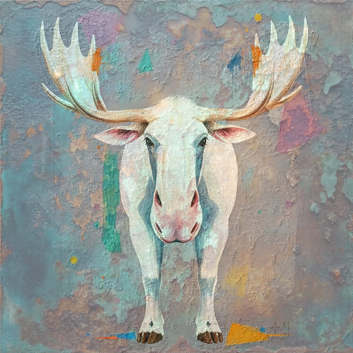 A textured painting of a white moose with large antlers facing forward, set against a mottled blue, gray, and purple background with small colorful accents.