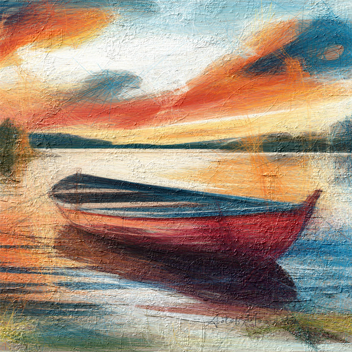 An impressionistic painting of a red rowboat on calm water at sunset, with warm orange and red sky reflections and blue water areas.