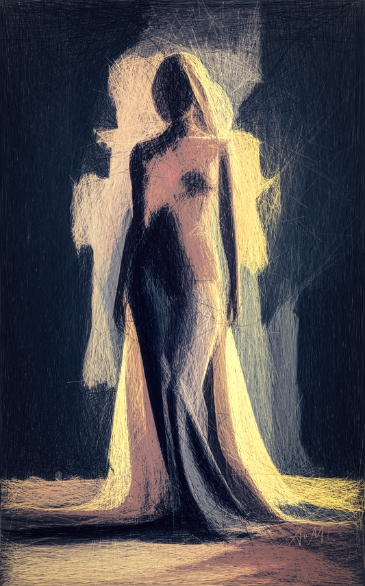 n abstract, geometrized artwork depicting a female figure, showing her self confidence, in a flowing gown, rendered in dark charcoal tones with glowing cream and pale yellow highlights against a dark background.