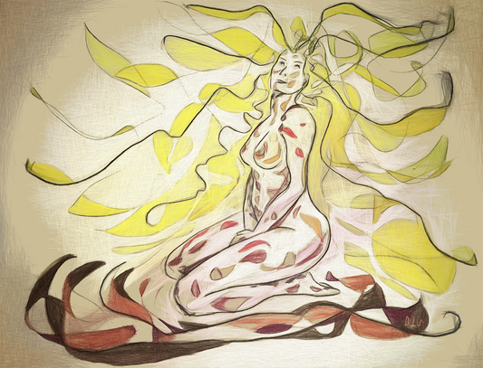 Abstract figurative painting of a seated nude woman with flowing yellow leaf-like forms and dark linework on a warm beige background.