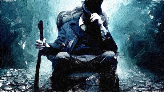 An impressionistic painting of a seated figure in a dark blue suit and black hat, holding a cane, set against a moody blue and gray background with visible canvas texture.