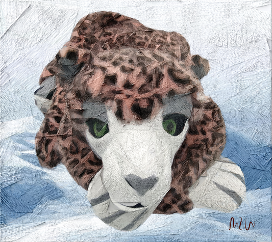 A textured canvas painting of a snow panther head with green eyes, set against a snowy blue and white background. The leopard's fur features a mix of brown, black, and beige tones.