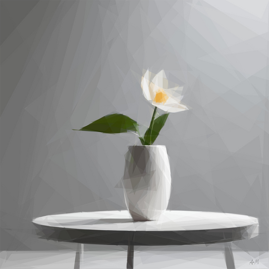 A low-poly digital art style rendering of a white flower with green leaves in a white vase, placed on a round white table against a gray geometric background.