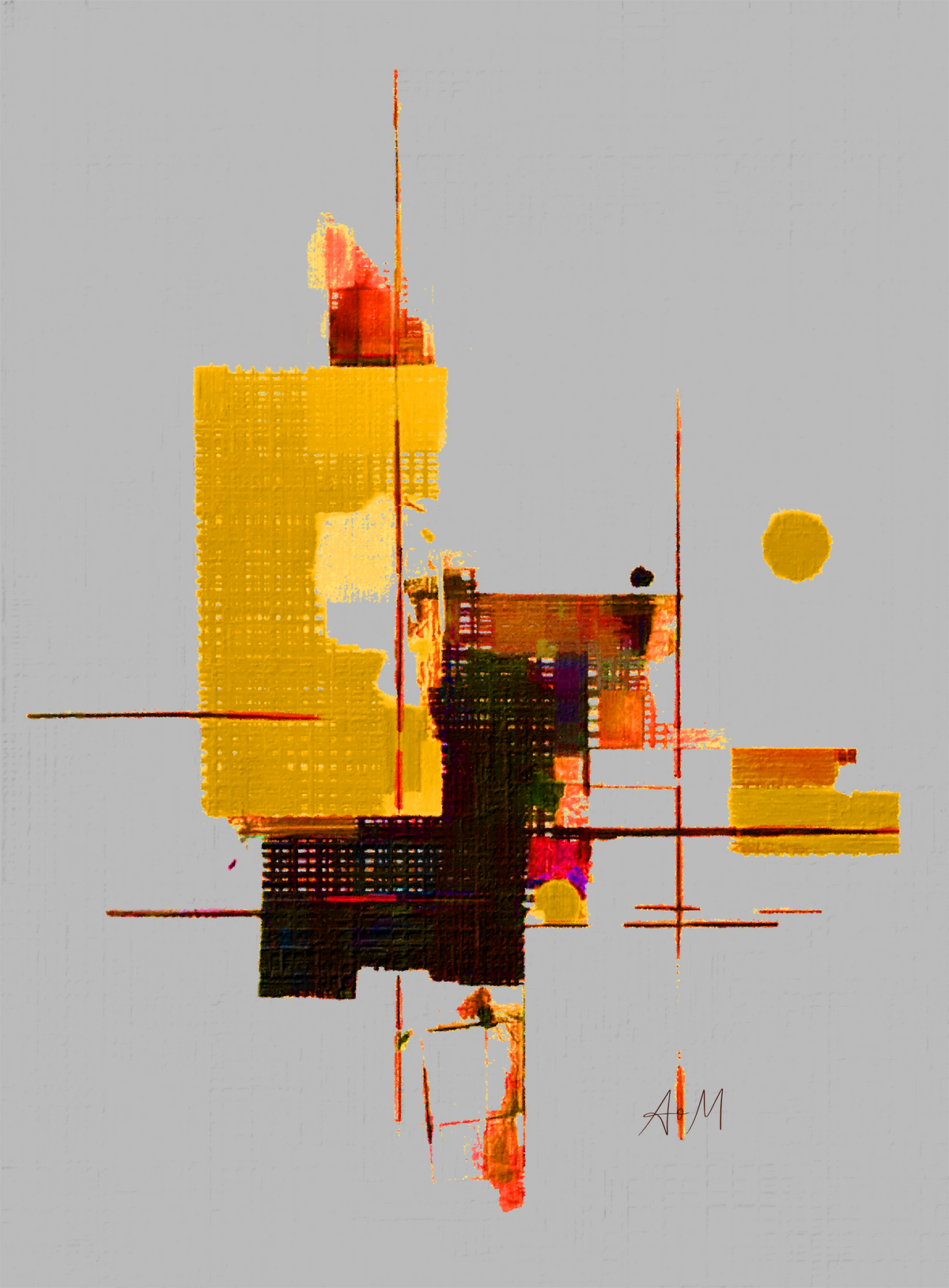 Abstract geometric art print featuring a composition of yellow, orange, red, and black textured blocks and lines on a solid gray background.