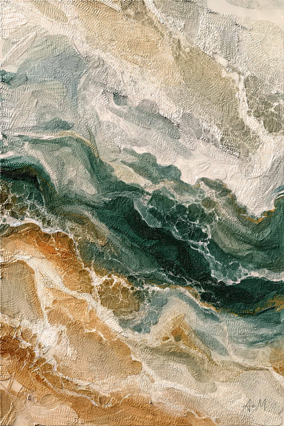 Abstract textured painting with flowing marbled bands of deep teal, forest green, cream, tan, and brown, filling the entire frame.