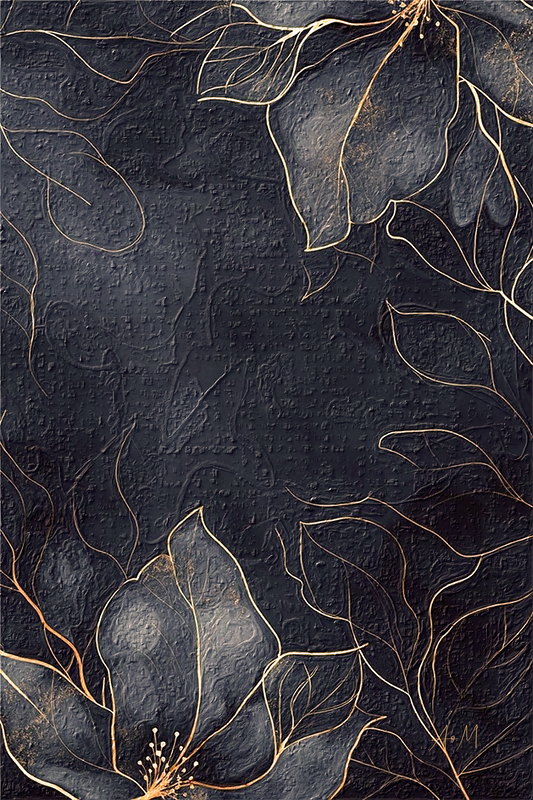 Dark charcoal textured background with elegant metallic gold floral line art and leaf patterns framing the corners.