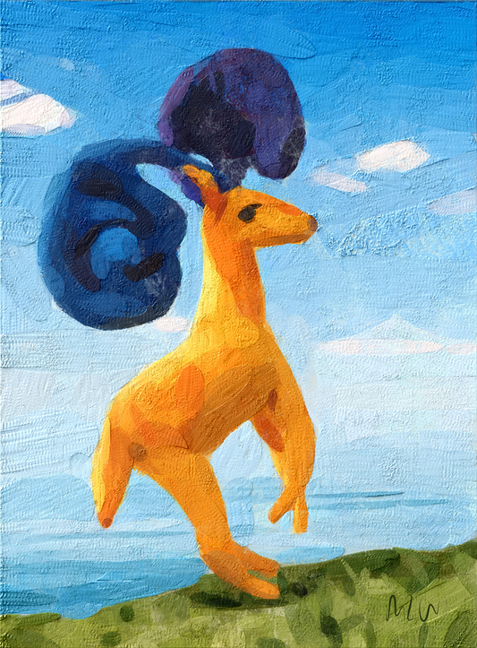 A colorful painted artwork of a dear jumping on grass against a blue sky with clouds. The animal is bright yellow-orange with a large dark blue and purple fairytail like antlers.
