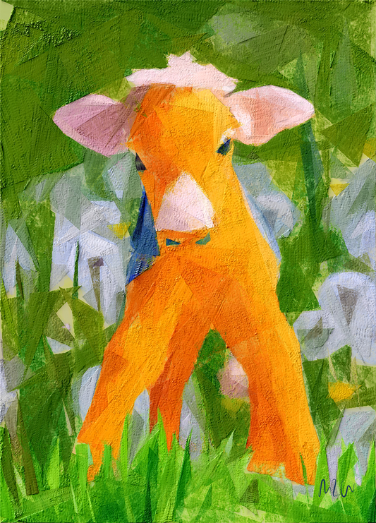 A colorful painted artwork of a young orange-brown calf standing in green grass with white flowers, rendered in an expressive, textured brushstroke style.