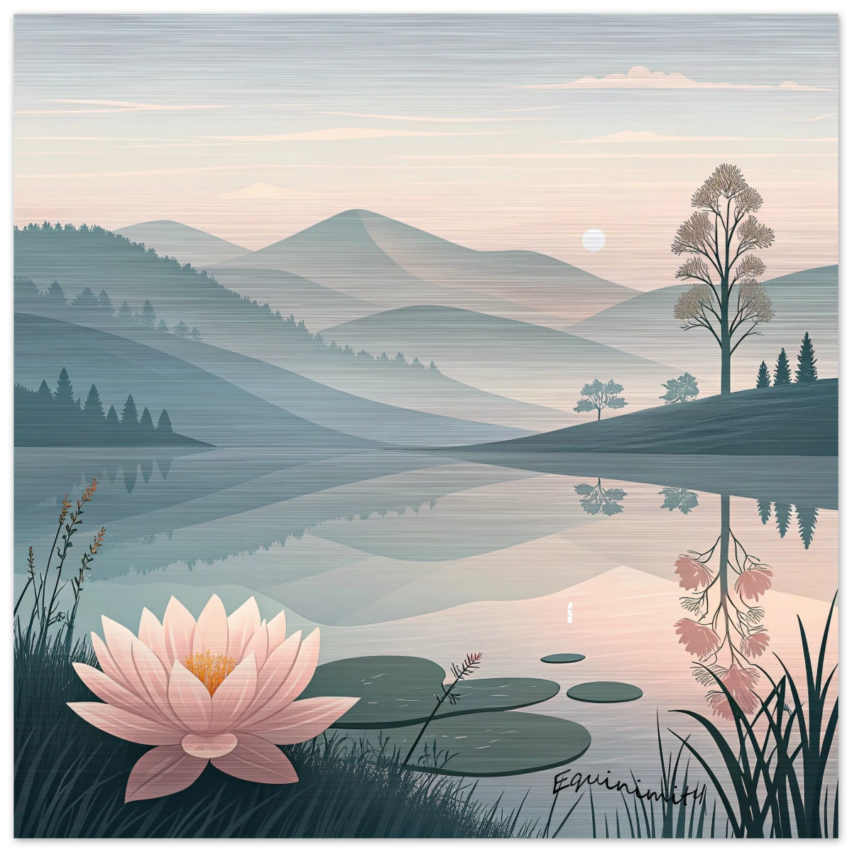 A brushed aluminum print featuring a serene landscape with a pink lotus flower, trees, and mountains in the background.