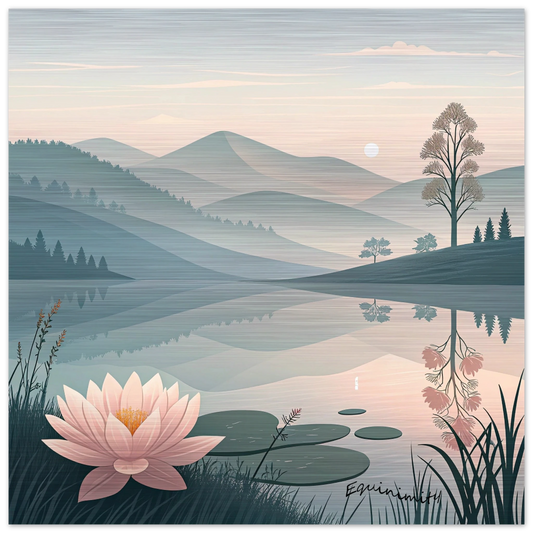 A brushed aluminum print featuring a serene landscape with a pink lotus flower, trees, and mountains in the background.