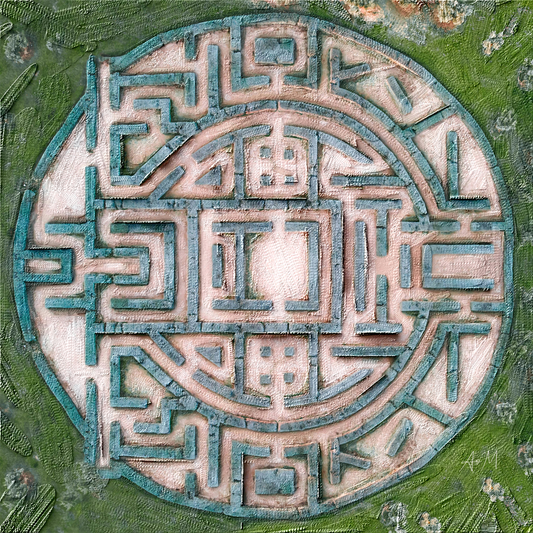 A circular, highly detailed maze-like relief sculpture with a symmetrical geometric pattern, featuring a light beige stone path and weathered teal-green walls, set against a textured green background.