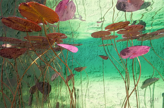 An abstract painting depicting lotus pond elements, featuring textured green and turquoise water, pink and reddish-brown lily pads, and thin brown stems on a light green background.
