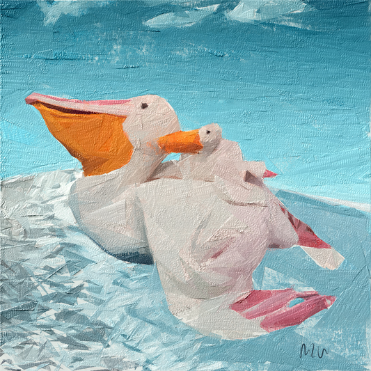 An acrylic painting of a white pelican with a bright orange beak and pink wingtips, carrying a small white chick on its back, set against a textured light blue icy background.