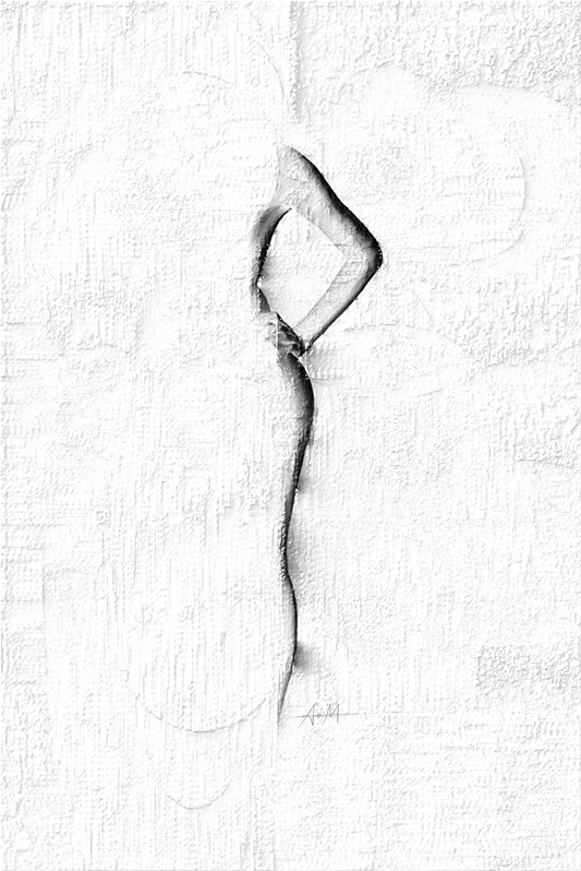 A minimalist black and white art print featuring a textured white background with a central, abstract figure rendered in dark charcoal-like strokes.