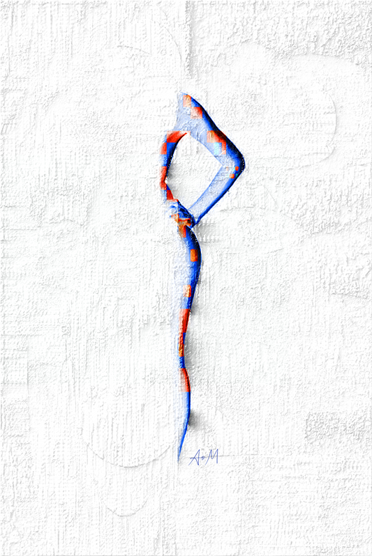 An abstract painted art print, featuring a stylized, textured female figure sideways in blue and red tones on a heavily textured white canvas background.