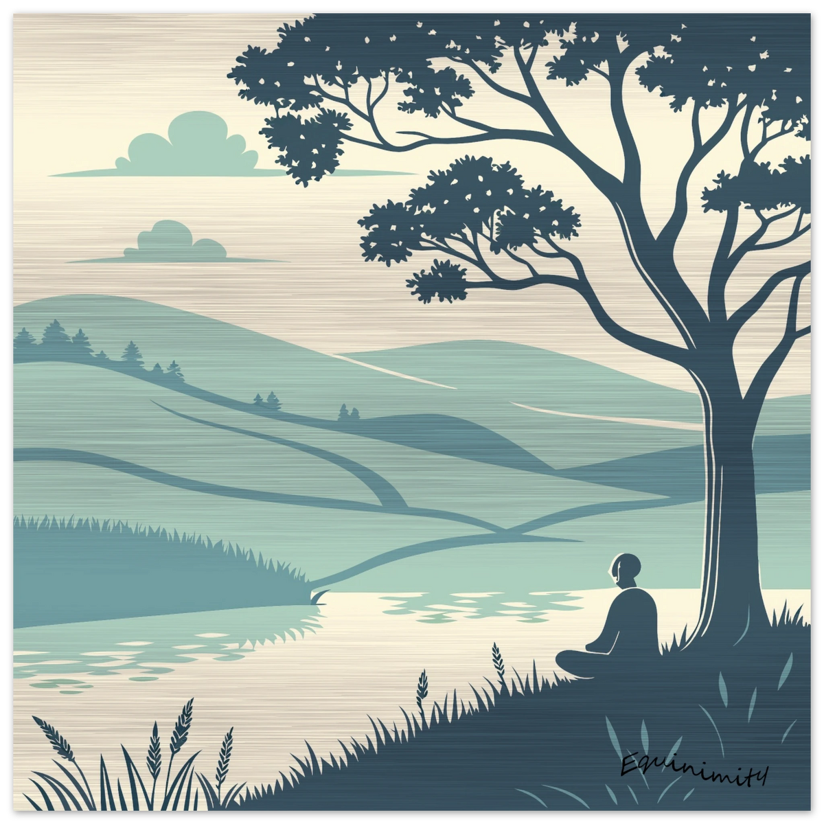 A brushed aluminum print featuring a minimalist landscape with a person sitting under a tree by a river, with rolling hills in the background.