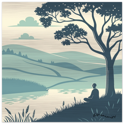 A brushed aluminum print featuring a minimalist landscape with a person sitting under a tree by a river, with rolling hills in the background.